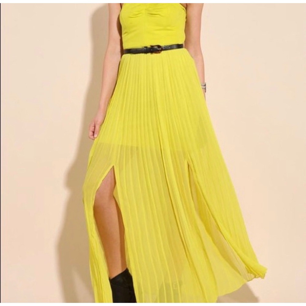 NWT Urban Outfitters tNeon Yellow Pleated Strapless Maxi Dress Double Slit | 0